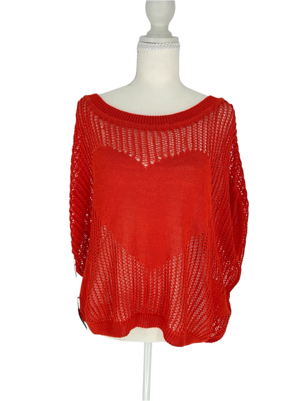 NWT Callahan Knitwear Red Open Knit Heart Short Sleeve Coeur Sweater Top XS⁠